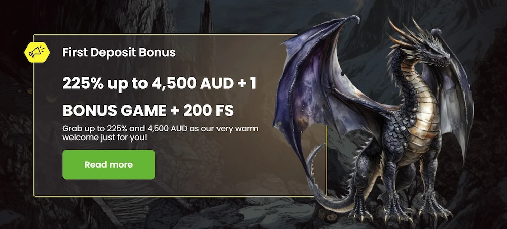 Dragonslots first deposit bonus banner with 225% up to 4,500 AUD