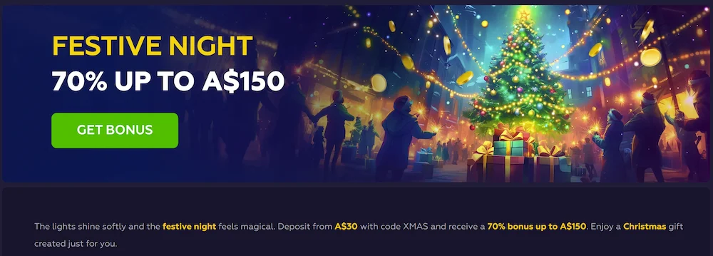 Playfina Christmas bonus banner with 70% bonus up to A$150 for Australian players
