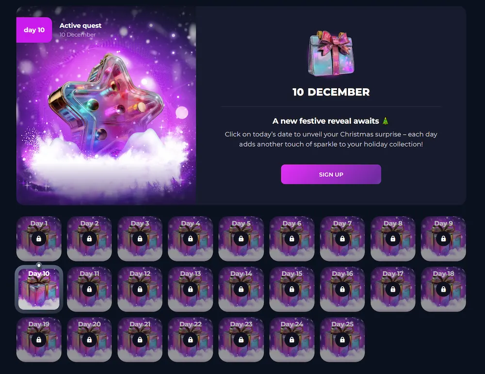 Slots Gallery advent calendar bonus for Australian players with daily festive rewards