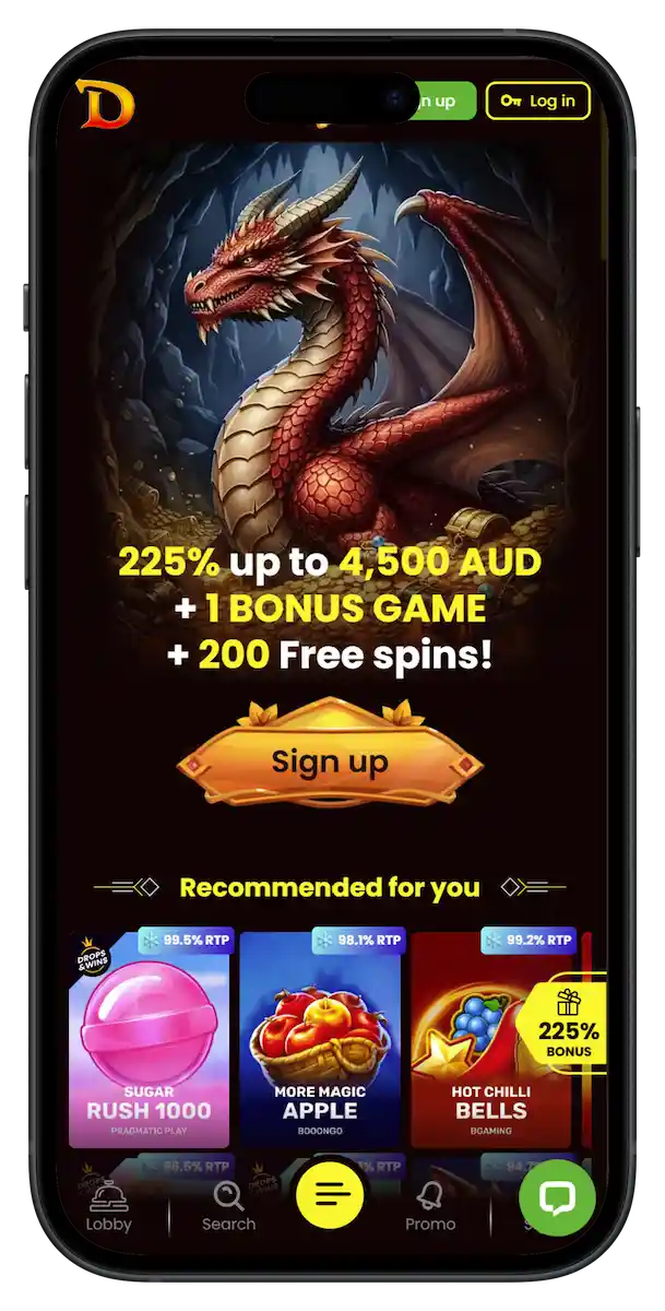 Dragon Slots casino homepage on iPhone 