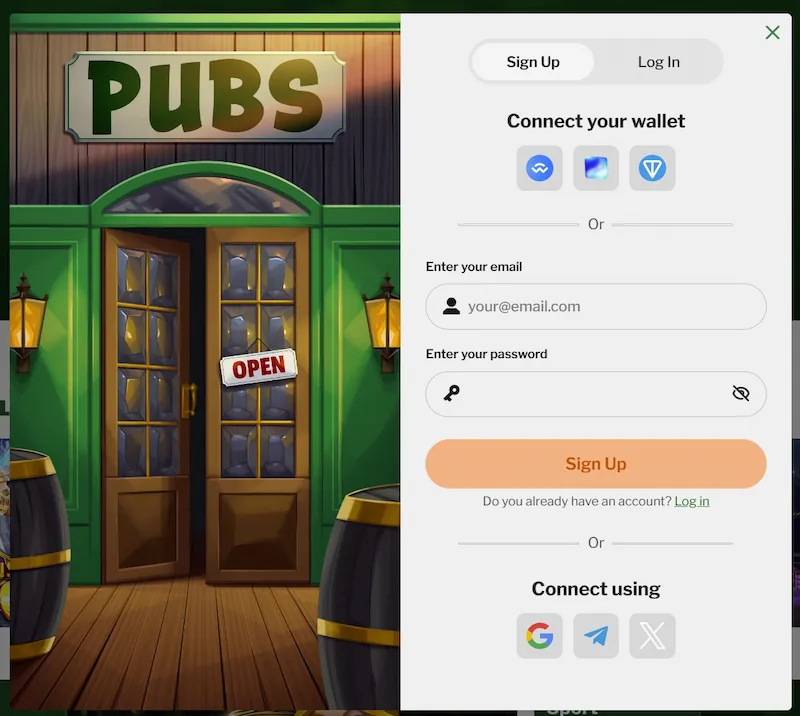 Pubs Casino registration form Australia crypto wallet connect sign up login interface online casino 