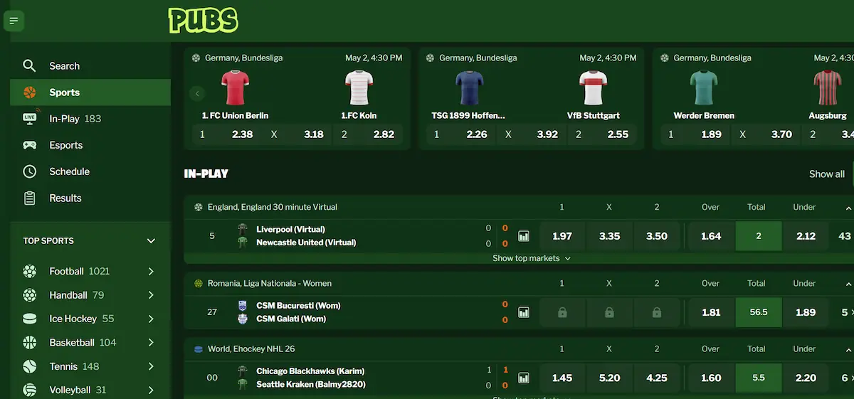 Pubs Casino sportsbook interface Australia live betting odds football esports crypto betting platform 