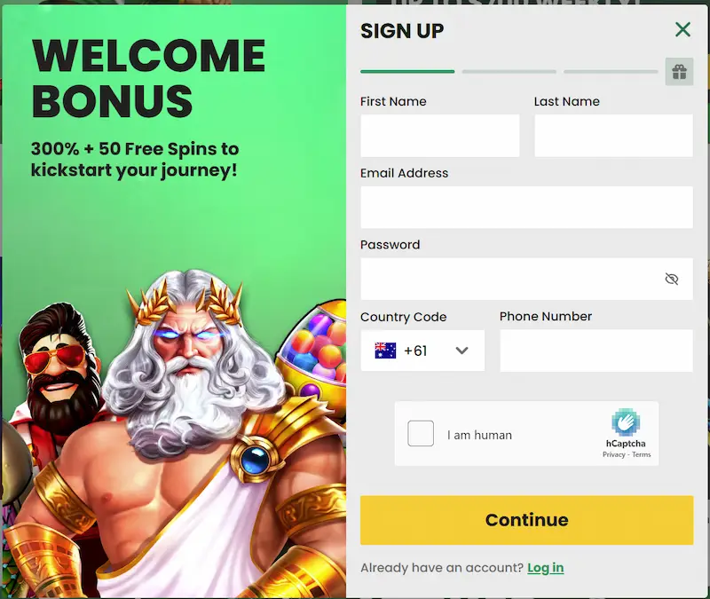 7aBet Australia online casino sign up form with welcome bonus for new players 
